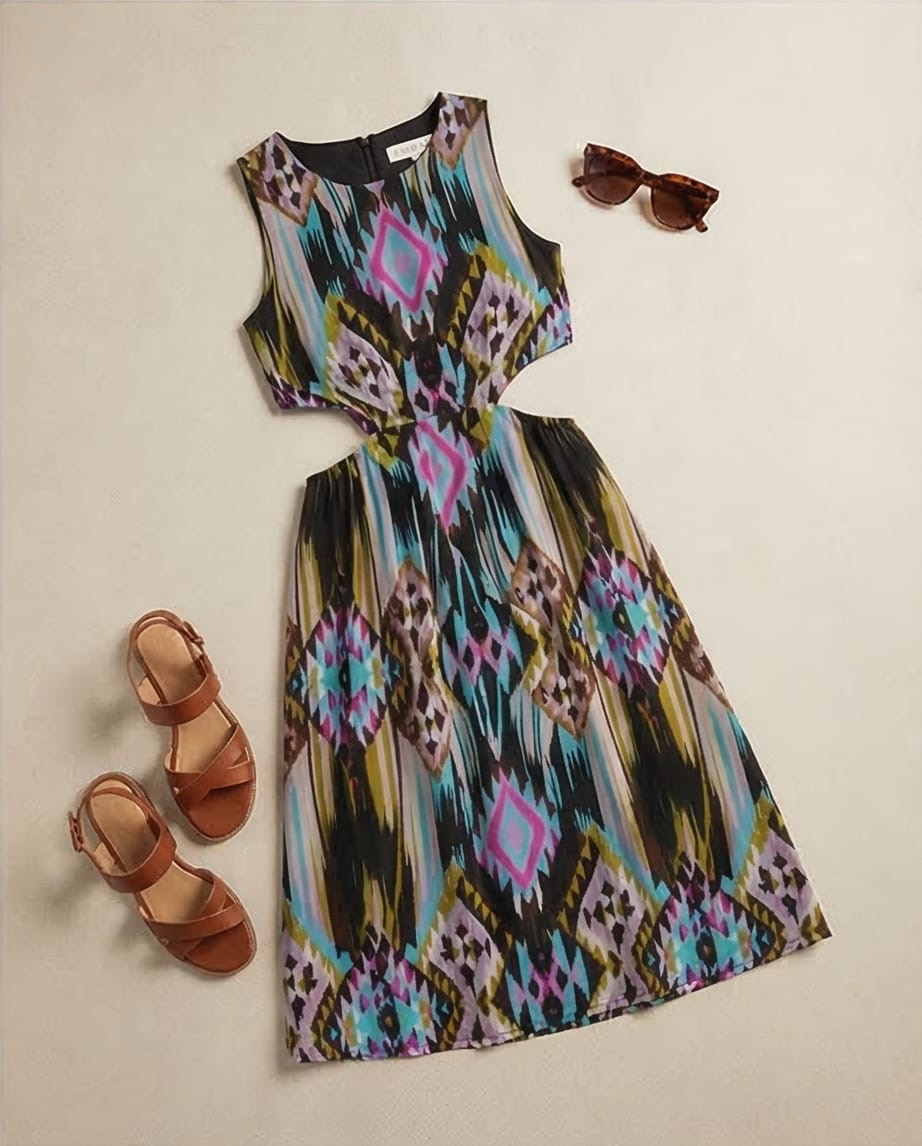 שמלה מידי עם פתחים במותן - הדפס  בוהו למידות 36-40