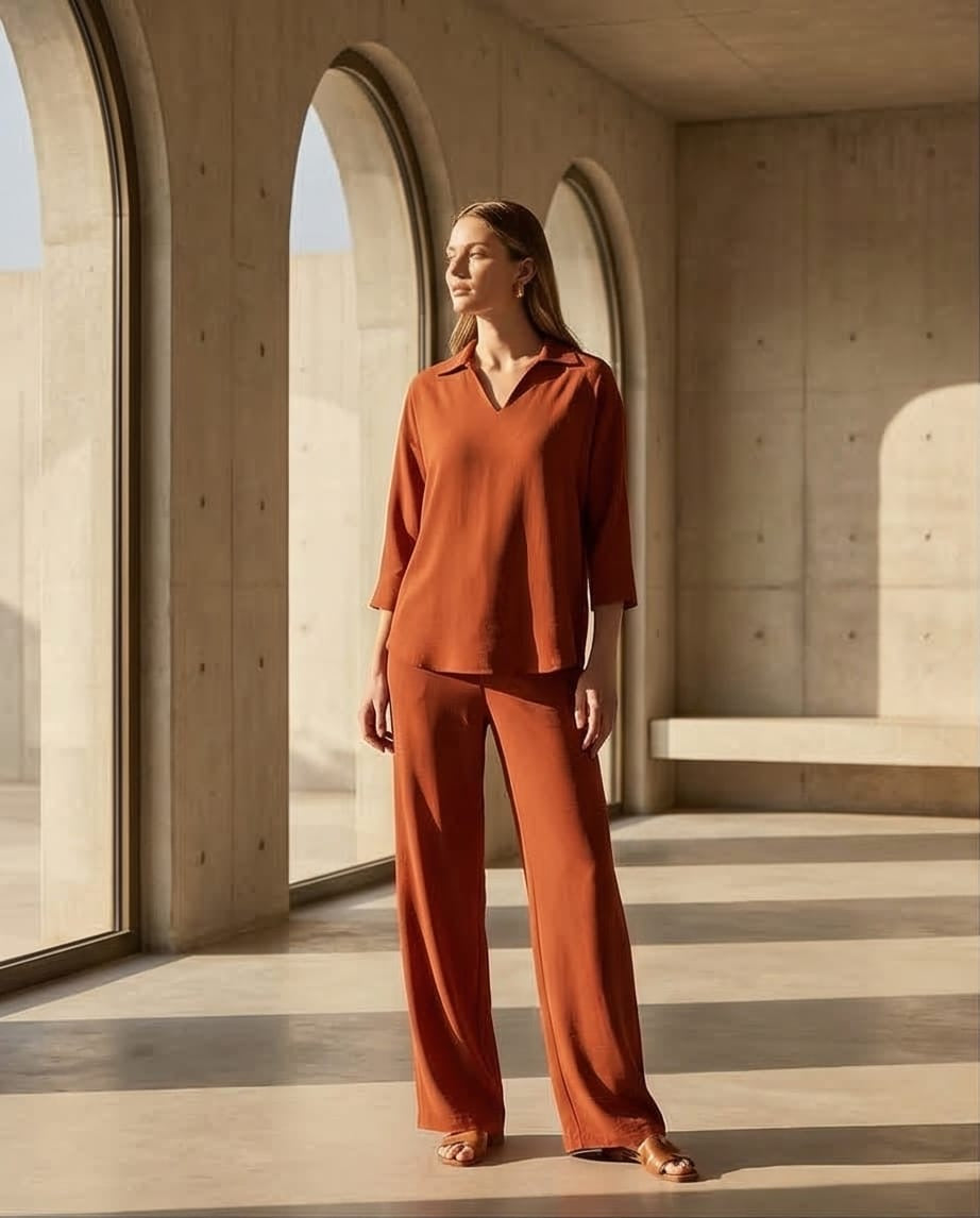 דגם ליה חולצה צווארון בייסיק  צבע קינמון