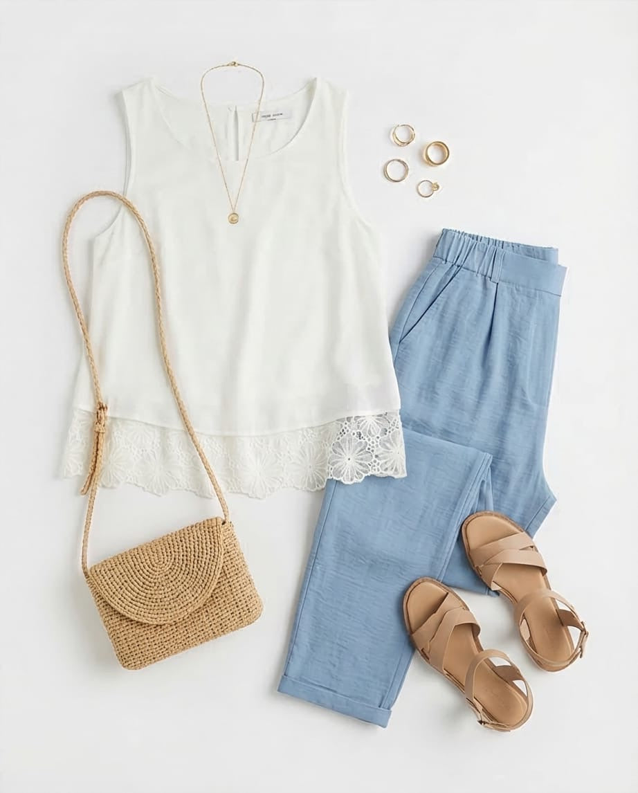 גופייה קלילה עם סיומת תחרה צרפתית