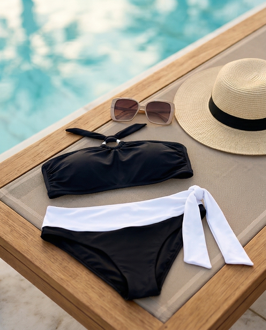 תחתון ביקיני גבוה מחטב דגם לוטוס שילוב שחור/לבן