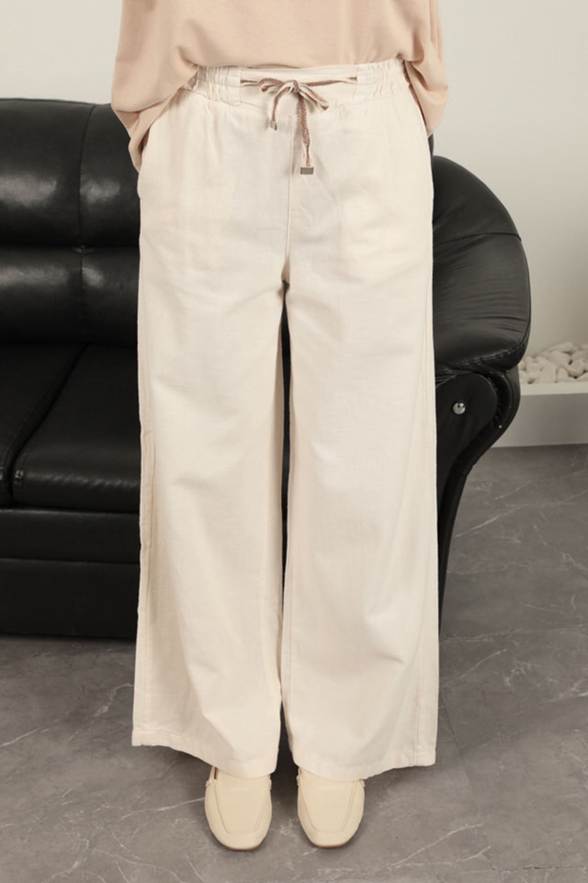 מכנס ארוך מבד פשתן - לבן