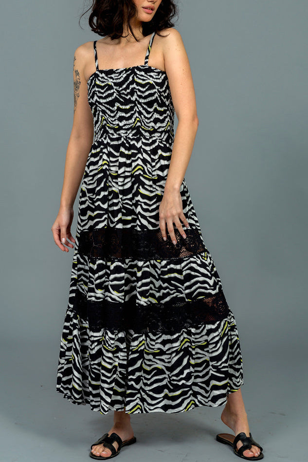 שמלת מקסי הדפס זברה 100% ויסקוזה איכותית בשילוב תחרה מידות 36-42