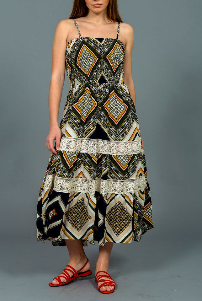 שמלת מקסי הדפס אתני 100% ויסקוזה איכותית בשילוב תחרה מידות 36-42