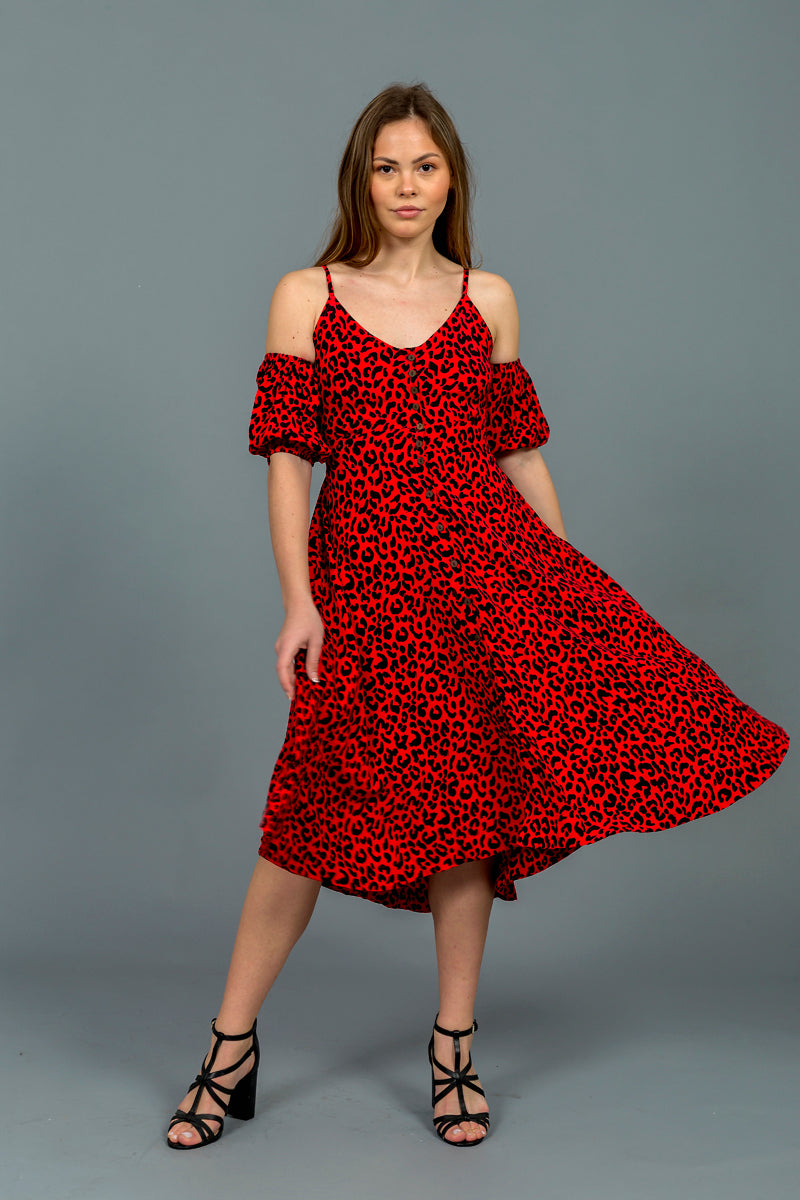 שמלת טייגר שרוולי פאף מנומר אדום