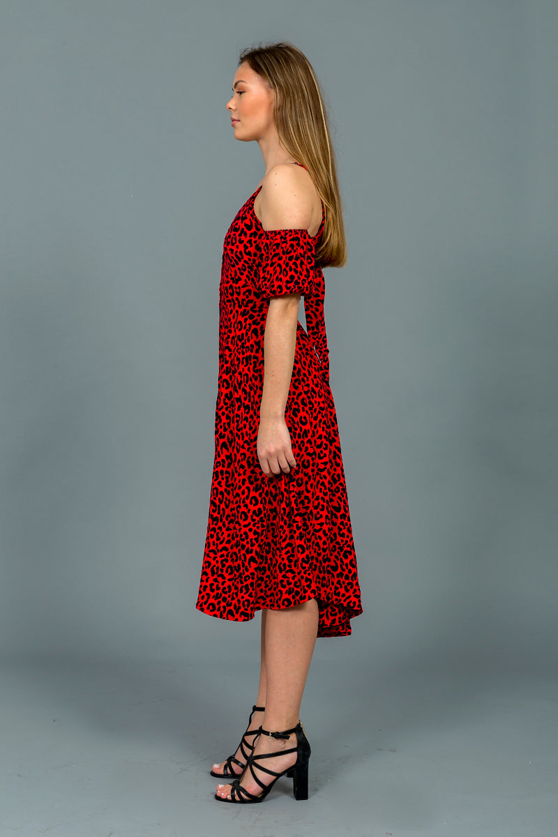 שמלת טייגר שרוולי פאף מנומר אדום